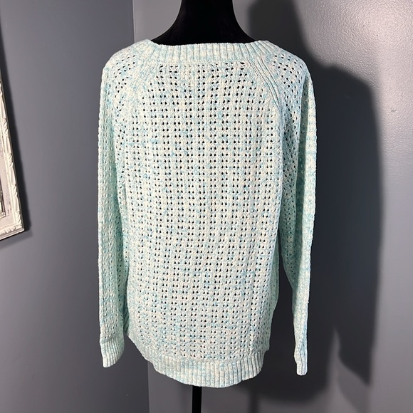 Talbots Women’s Open Knit Weave Chunky Sweater Mint Green White XL NWT Cotton - Picture 7 of 8